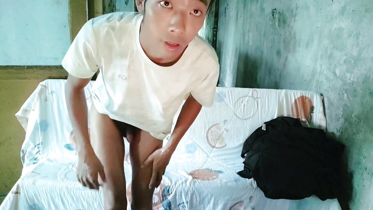 Naughty Asian boy masturbates, moans, cums and eats cum on a lounge chair in an abandoned laboratory corridor