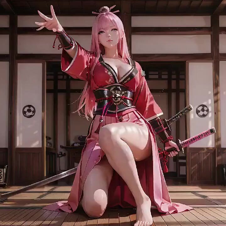 Crimson Samurai! Pink-haired Warrior Kneeling on Tatami, High-slit Kimono Slipping to Reveal Snowy Thighs.