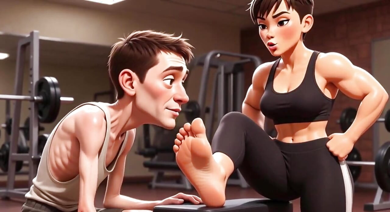 Une femme forte et musclée fait lécher ses pieds par son esclave mince