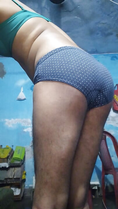Indian Sissy Femboy Crossdresser with Phimosis Dick Jerking and Stroking While Wearing His Step Sister's Bra and Panties