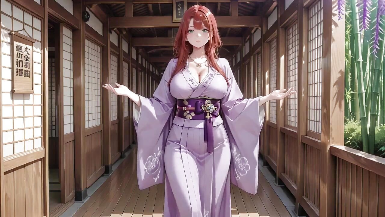 Red-haired Kimono Goddess! Kneeling Under the Sacred Torii Gate, She Adjusts Her Soaked Backless Outfit with a Shy Gaze.