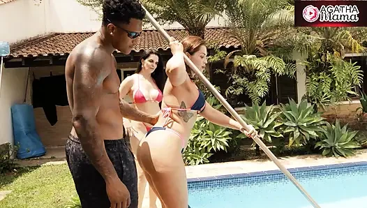 Agatha Mama and Luiza Ambiel in Naughty Friends Messing with the Swimming Pool BBC on a Sunny Day