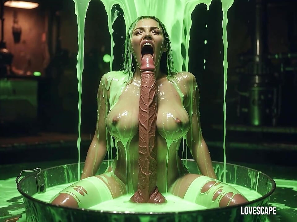 Κορίτσια με γλώσσα κόκορα λούζονται με παχιά πράσινη λάσπη