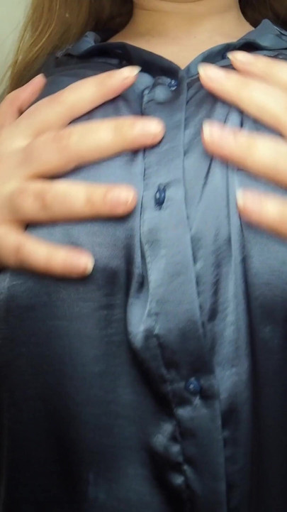 Big Bouncing Boobs in Blue Satin Blouse, Tits Teasing