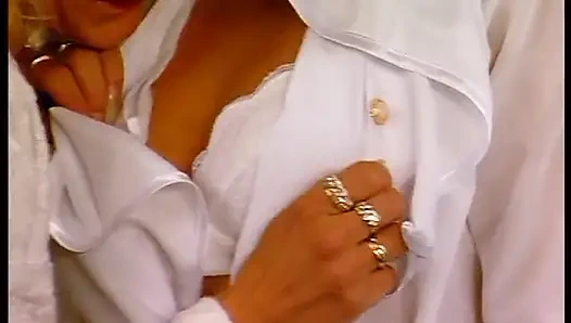 Vintage babes getting naked and touching each other at casting