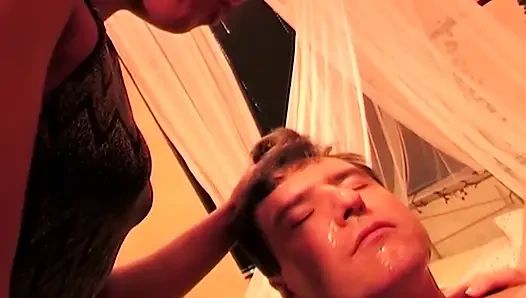 Two Horny MILFs Drench His Face in Sloppy Spit Tears