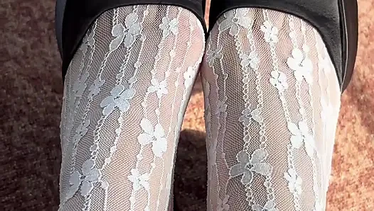 White stockings and high heels on my feet
