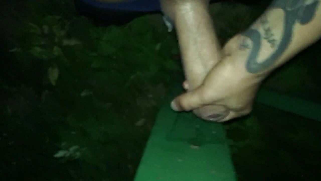 Loudly Night Cumshot on Light Pole. Fast Jerking