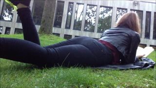Girl farting outdoors