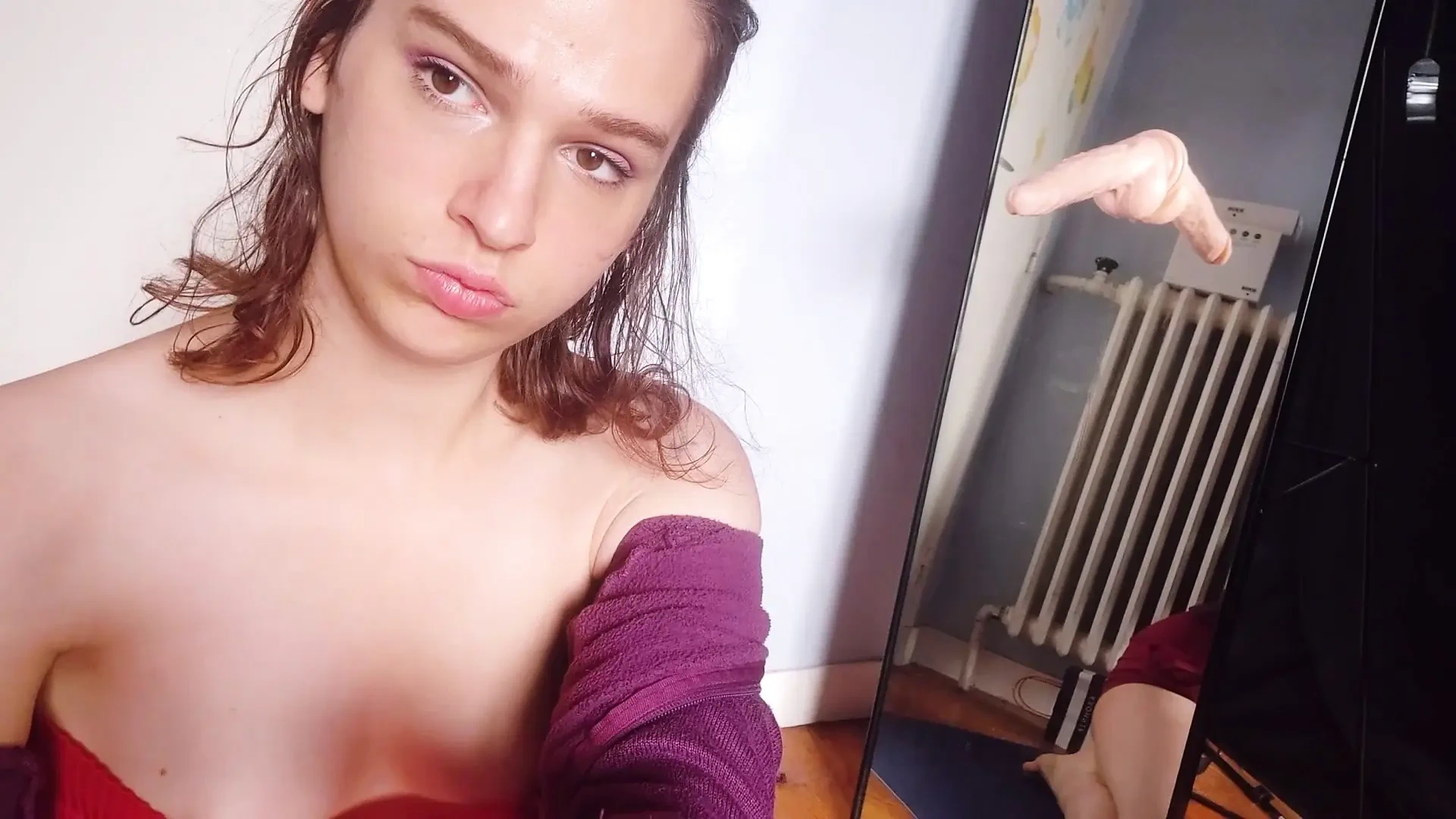 Cute Trap Strips and Plays with Her Dildo Into She Cums with It in Her Ass