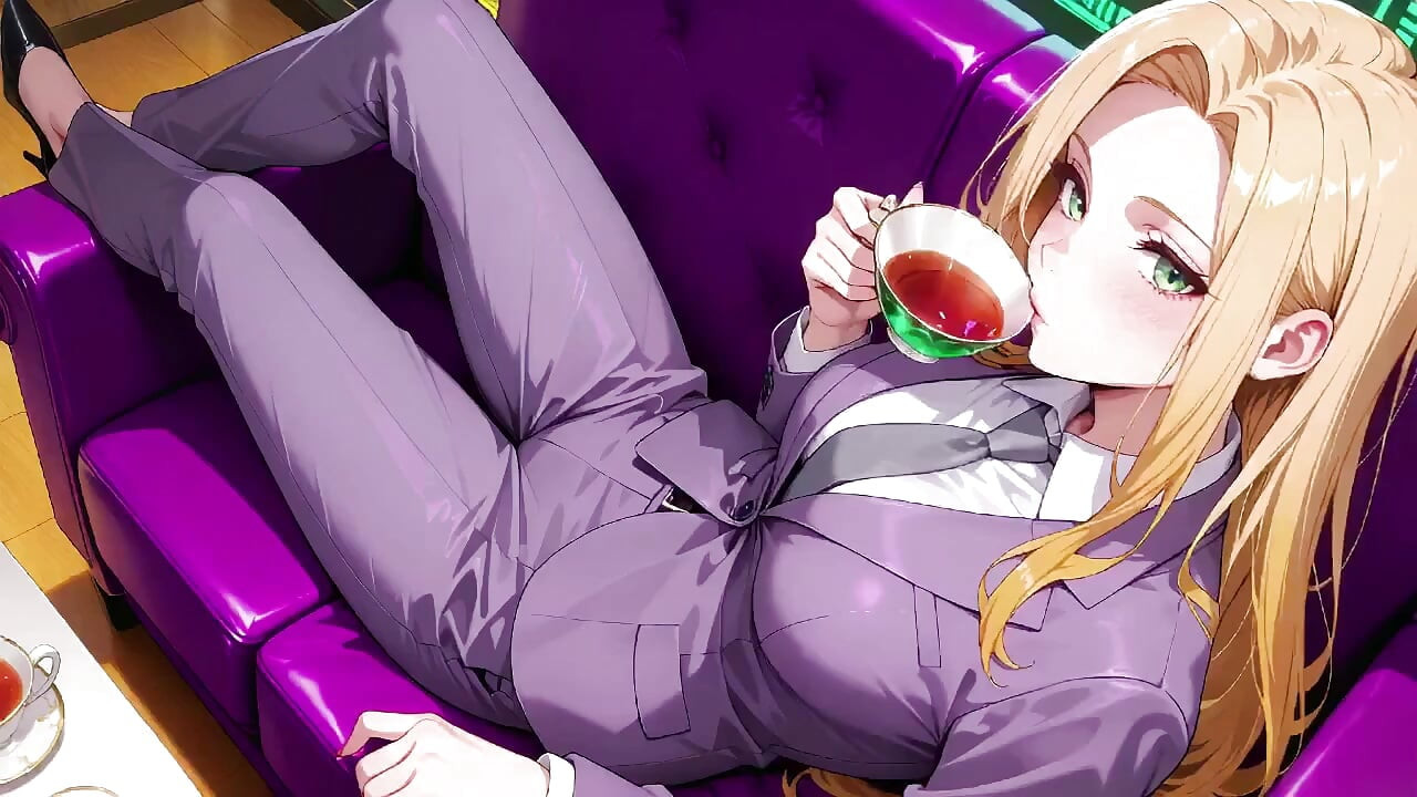 Șefă blondă în costum violet! Momente private în trenul de birou. Ea face multitasking cu fișiere în timp ce își ajustează în secret fusta...