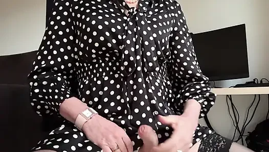 Secretary comes in polka-dot dress