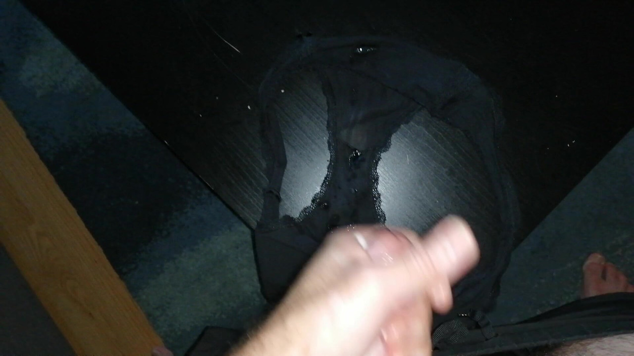 Fat old man jerking his hard cock and cumming in his wife panties.