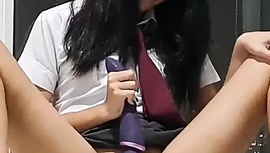 Asian College Girl Plays with Her Magic Wand and Squirts