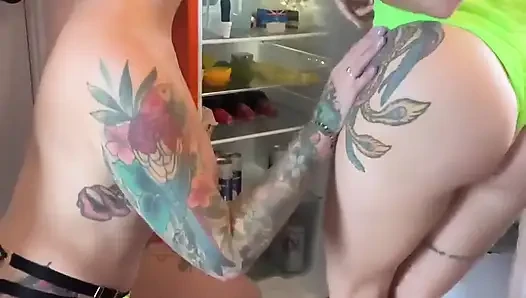 Two hot tattoed girls playing