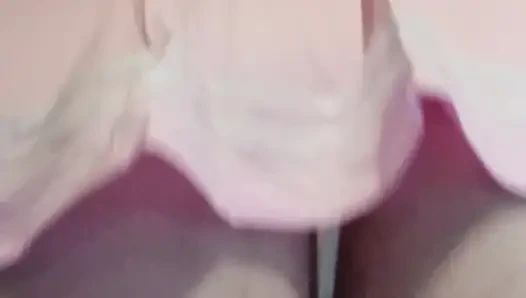 Thick BBW rides big realistic dildo in a pink babygirl cheer dress