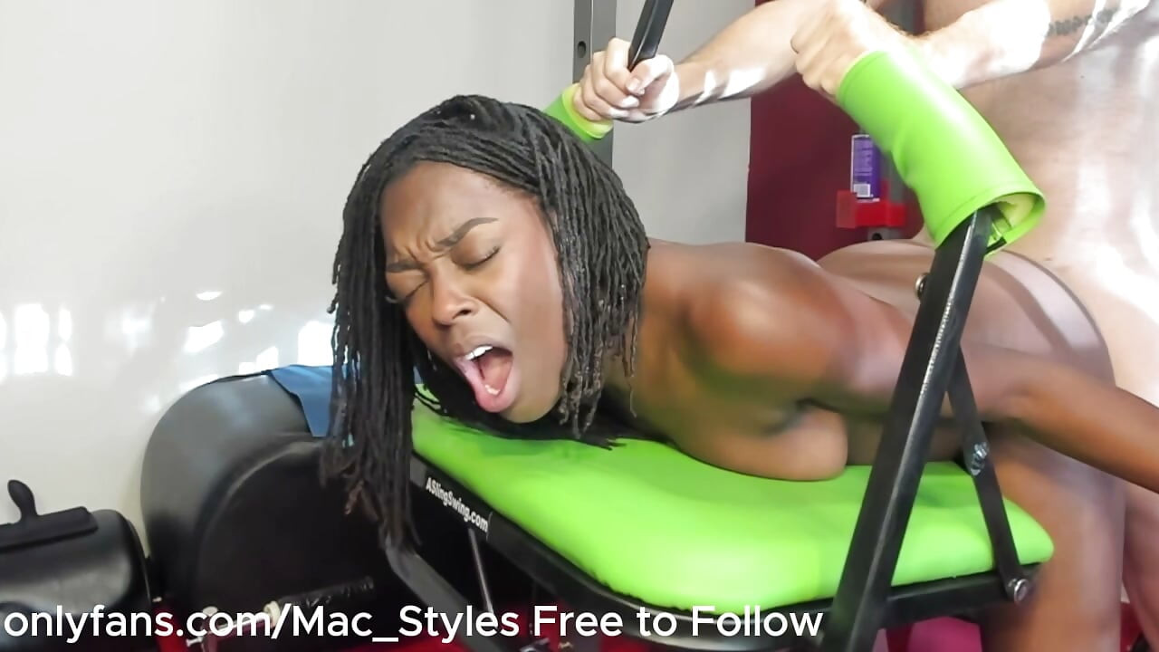 Ebony on a sex swing with squirt and cream pie