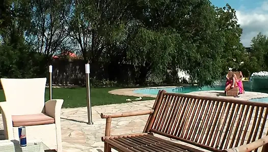 Outdoor Blonde DP Poolside Passion
