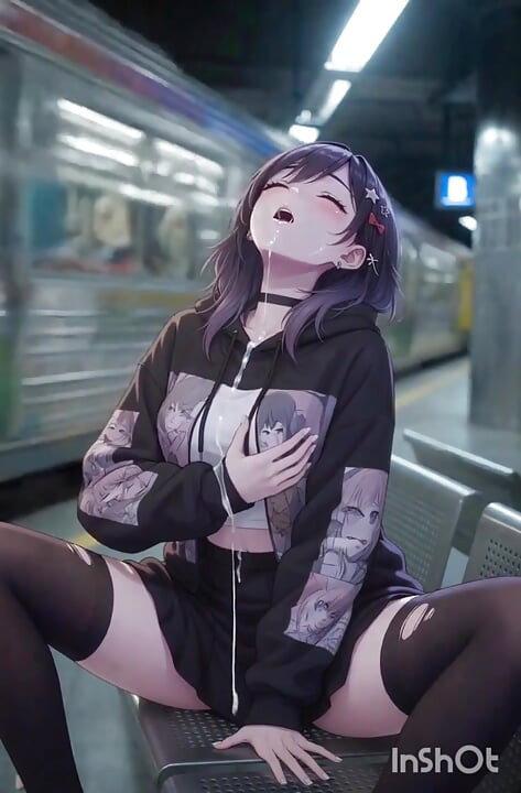 Slatka anime djevojka masturbira i jebe se na stanici podzemne željeznice