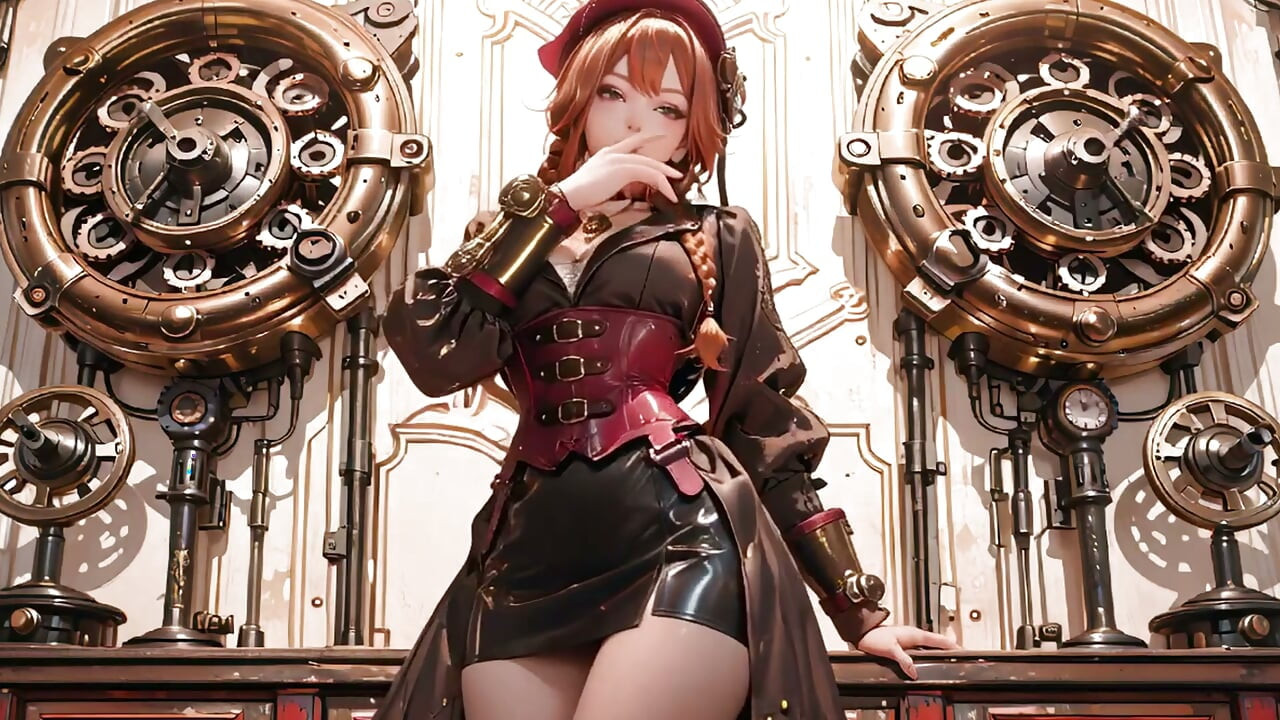 Steampunk Duchess! Red-haired mechanical girl teasing in the Gear Hall.