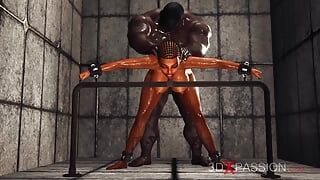 Hot ebony with many boobs in restrains is ready for intense anal sex