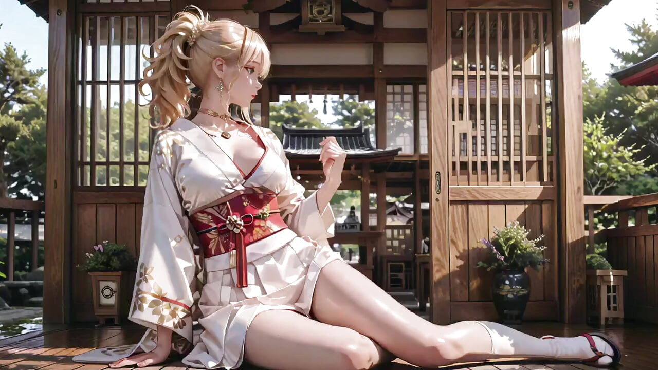 Kneeling under the Torii gate in a beige modified kimono, she touches her chest and traces her collarbon