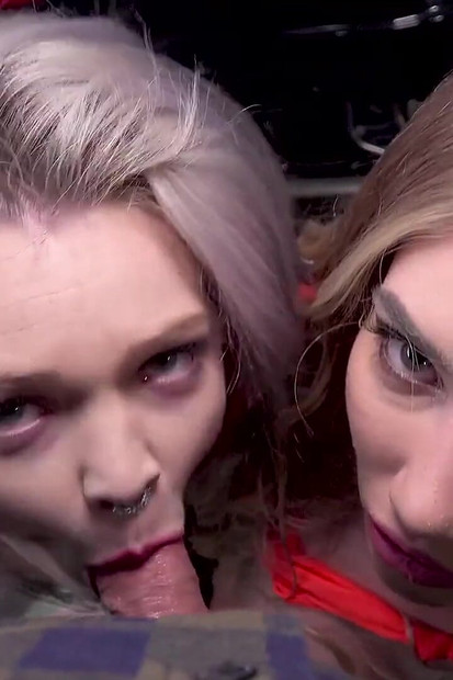 Two Horny Sluts Get Pissed on and Fucked by Biker