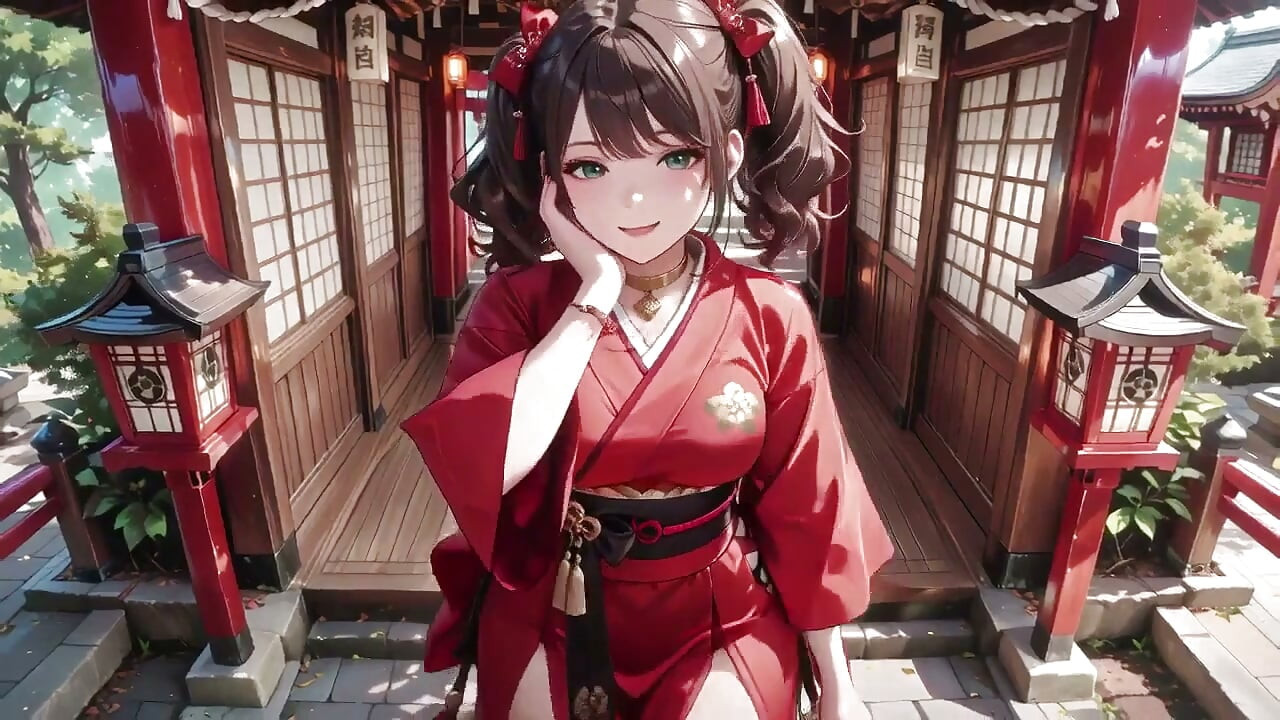 神社での初出会い、廊下でひざまずきながら髪を撫でる