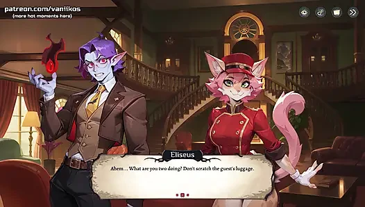 Pelzmädchen mit dicken möpsen zeigt ihren dicken arsch in engen shorts - hotel tales (steam-spiel) - animiertes hentai-spiel 3D