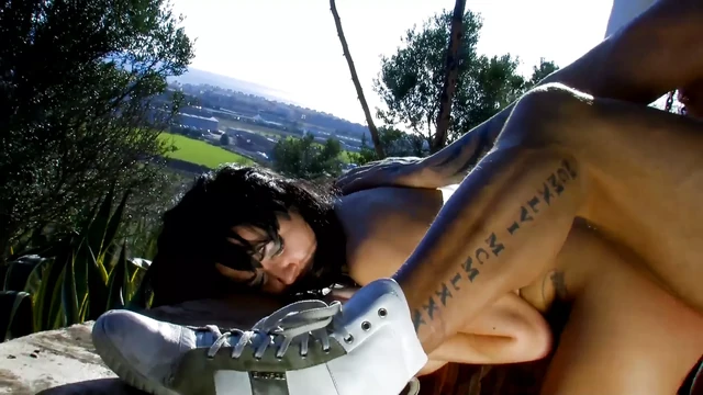Balcony striptease ends with doggystyle and cum in mouth