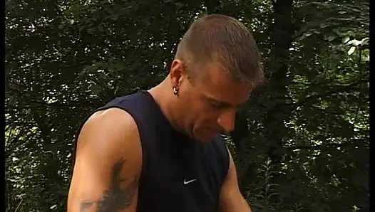 Top-class German amateur babe rides two dicks in the woods