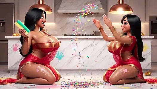 Dua lesbian India yang menggairahkan membersihkan lantai dapur di keempat rumah sambil mengungkap pakaian tradisional tanpa celana dalam