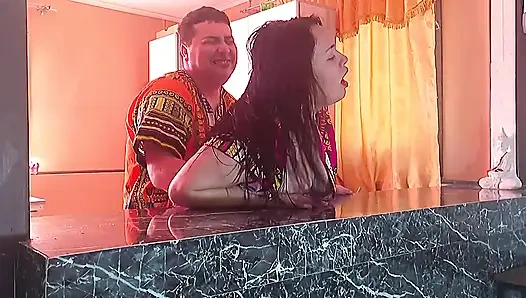 Stepson fucks his Indian stepmom hard in the kitchen standing up - Big tits bouncing non-stop