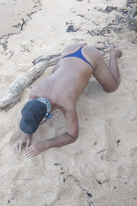 Ladysilva on the Beach Taking off His Bikini to Show off His Hot Tanned Ass
