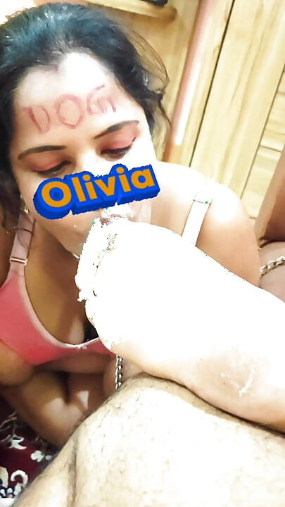 Slave Olivia Desi Slut Housewife worship and Lick feet of Master with cream from Master's feet food porn metal chain boobs out