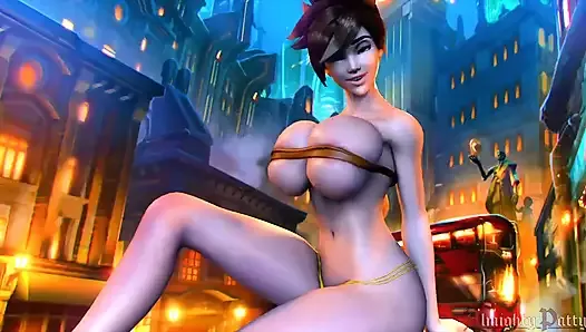 Tracer's Huge Tits Nearly Break the Band Wrapped Around Them As She Flexes