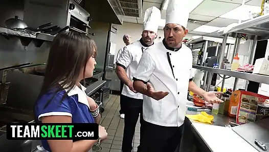 Petite Bunny Fae Takes on the Entire Kitchen Crew in a Wild Restaurant Gangbang