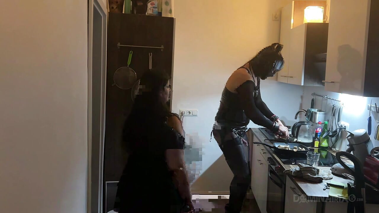 Dominant MILF Stretches Latex Sub's Ass Wide in Kitchen