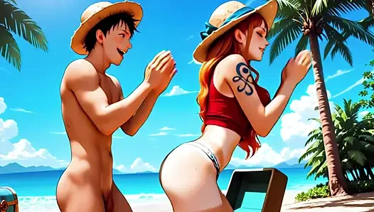 Nami hart gefickt von Luffy und Zoro – Dreier am Strand, ein Stück unzensiertes Hentai