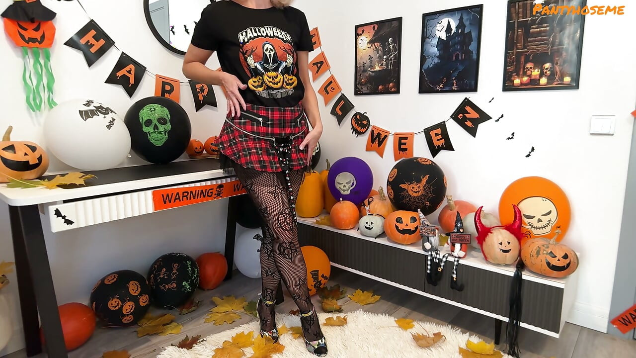 Horny Blonde Devil Foxy Love Rips Down Her Black Fishnet Pantyhose and Fucks Her Pussy on Halloween