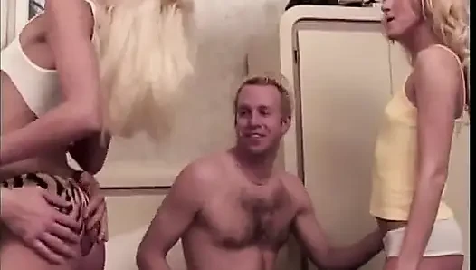 Three experienced guys give two innocent cuties some lessons of sexual education