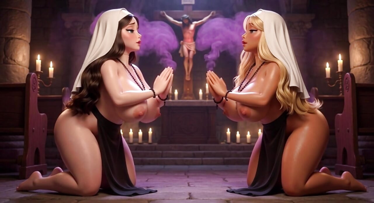 Zbožné jeptišky ve všech čtyřech pokorný posvátný modlitební rituál Ve svíci starověké gotické kaple s intenzivní pobožností
