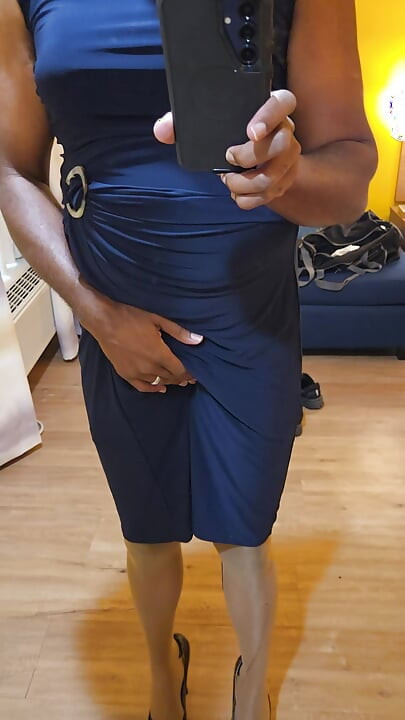Black platform pumps and blue dress