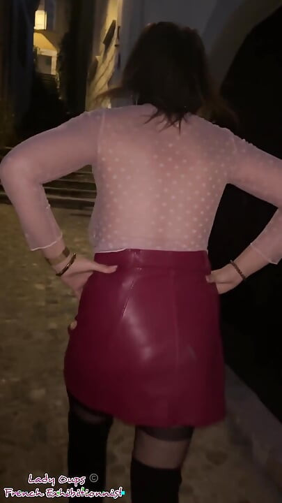 Slut with Ball Gag Outdoors: Sheer Top Big Tits and Leather Mini Skirt