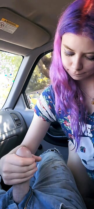 Purple haired alt teen worships thick cock, and gets cum