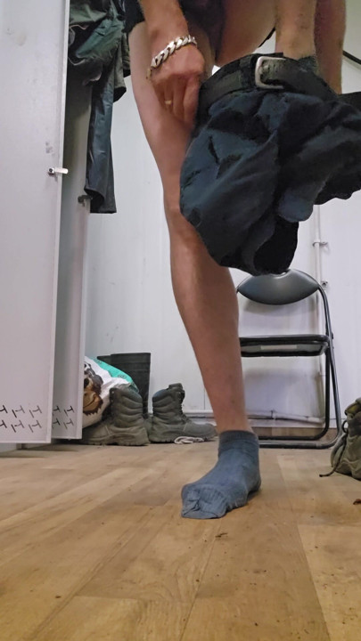 In the cloakroom at work secretly at 5:30 a.m.