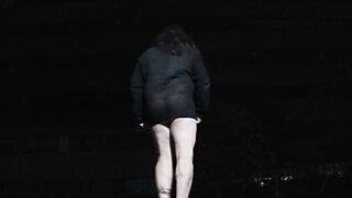 Milf Sissy solo video outdoors at night palying with a hose