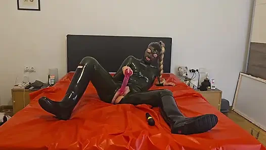 Latex Girl in Rubber Boots Masturbate with Dildo and Magic Wand Until Her Orgasm! She Love It to Moan!