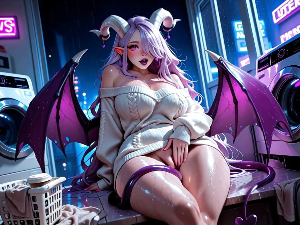 Horny Demon Girl Pulls Her Sweater Down in the Empty Laundromat and Shows Everything (AI generated)