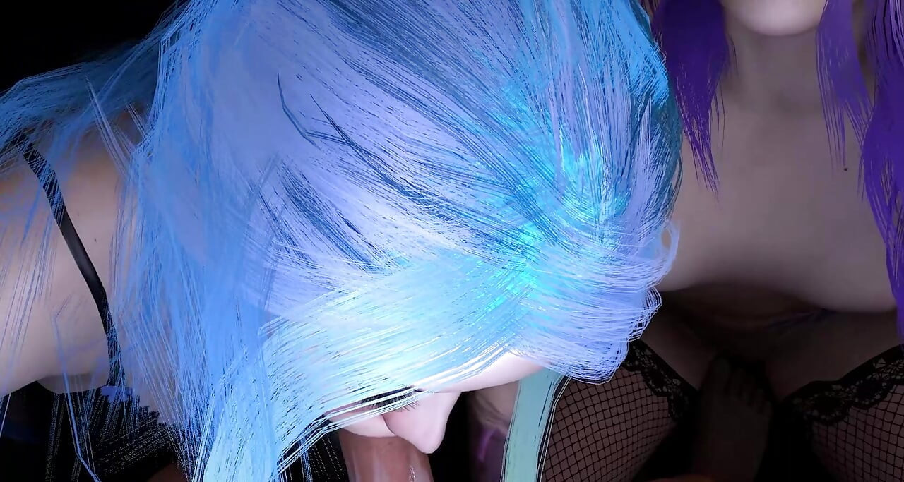 Two girls with brightly colored hair double blowjob : 3D Porn